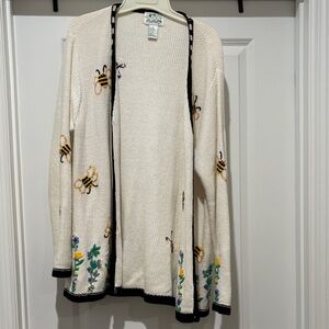 Quacker Factory Cream Cardigan with Bee and Floral Embroidery